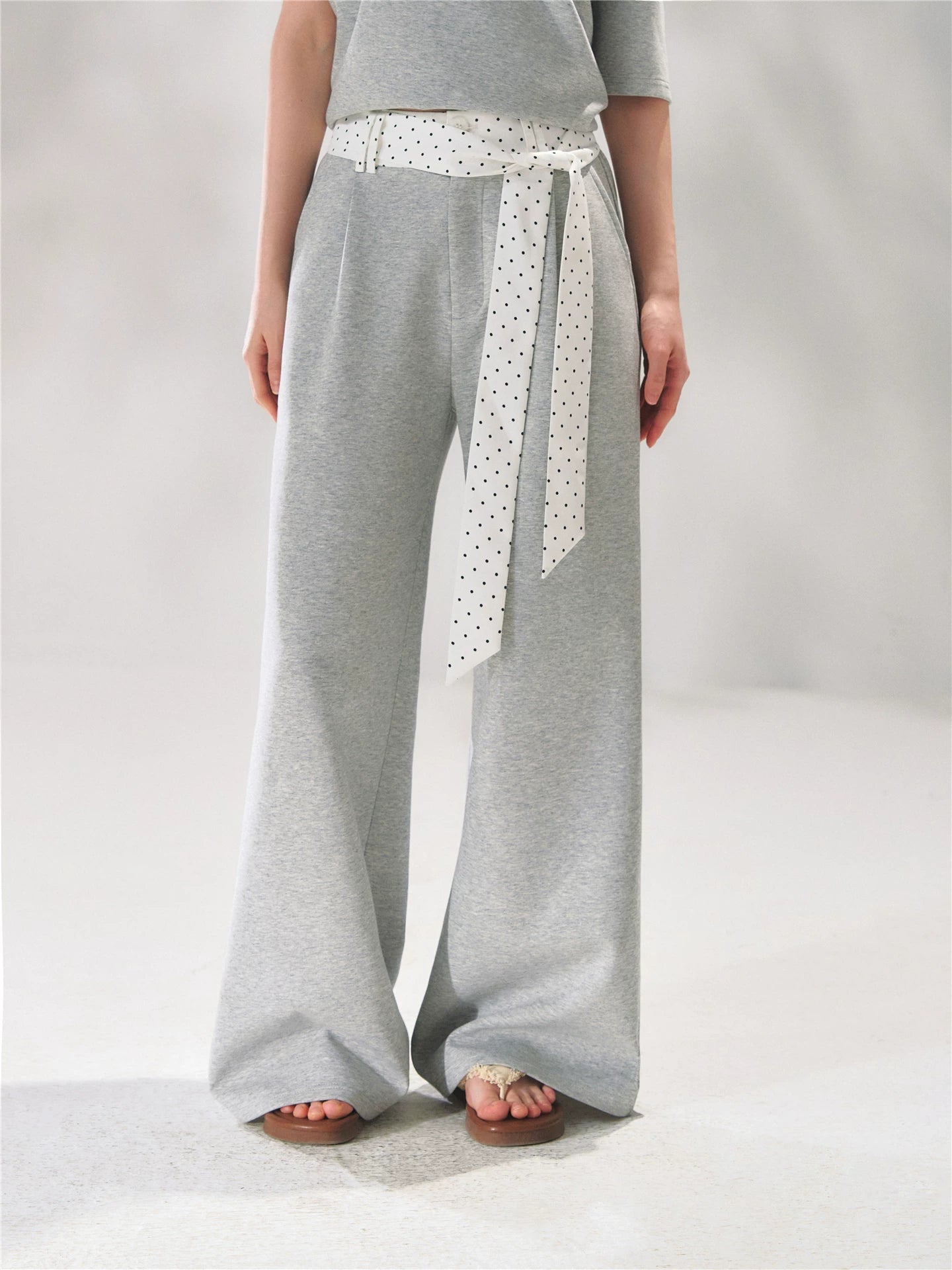 Polka Dot Ruffle Trim Off-Shoulder T-Shirt &amp; Tie-Waist Lounge Pants Set