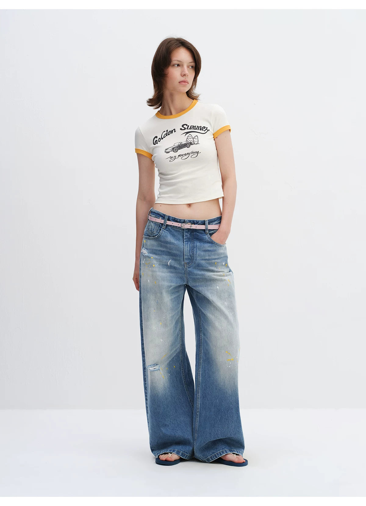 Washed Blue Curved-Leg Wide Denim Jeans