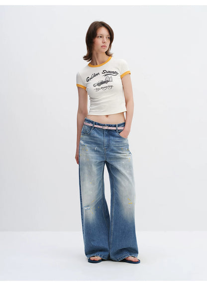 Washed Blue Curved-Leg Wide Denim Jeans