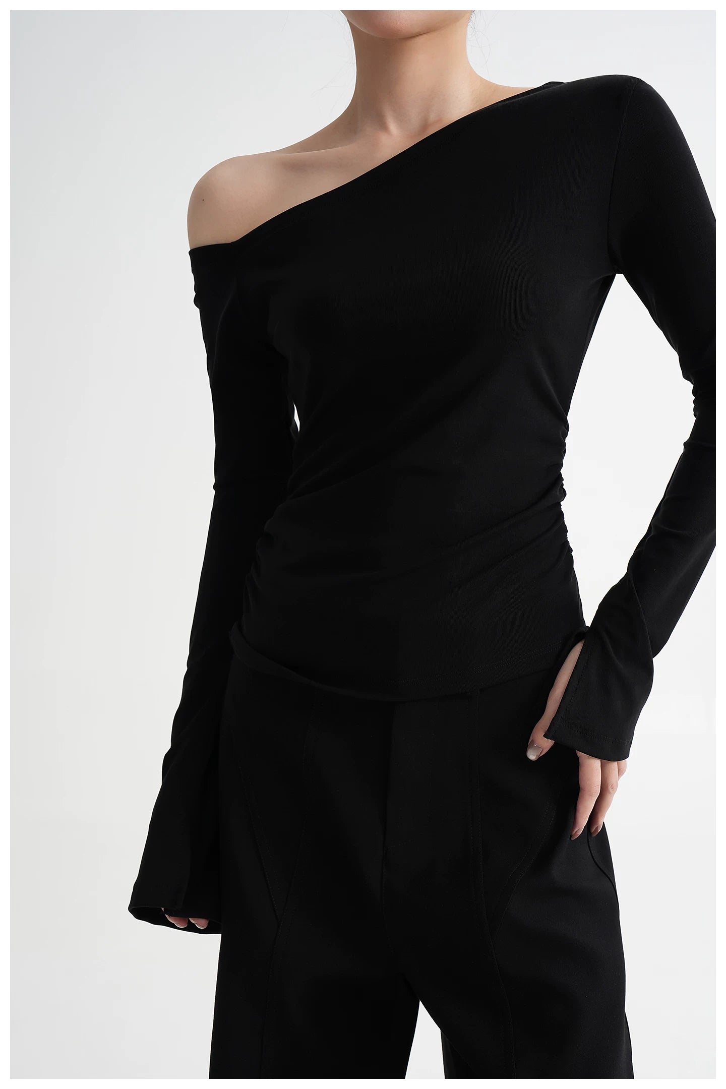 One-Shoulder Lyocell Flared Sleeve Fitted T-Shirt