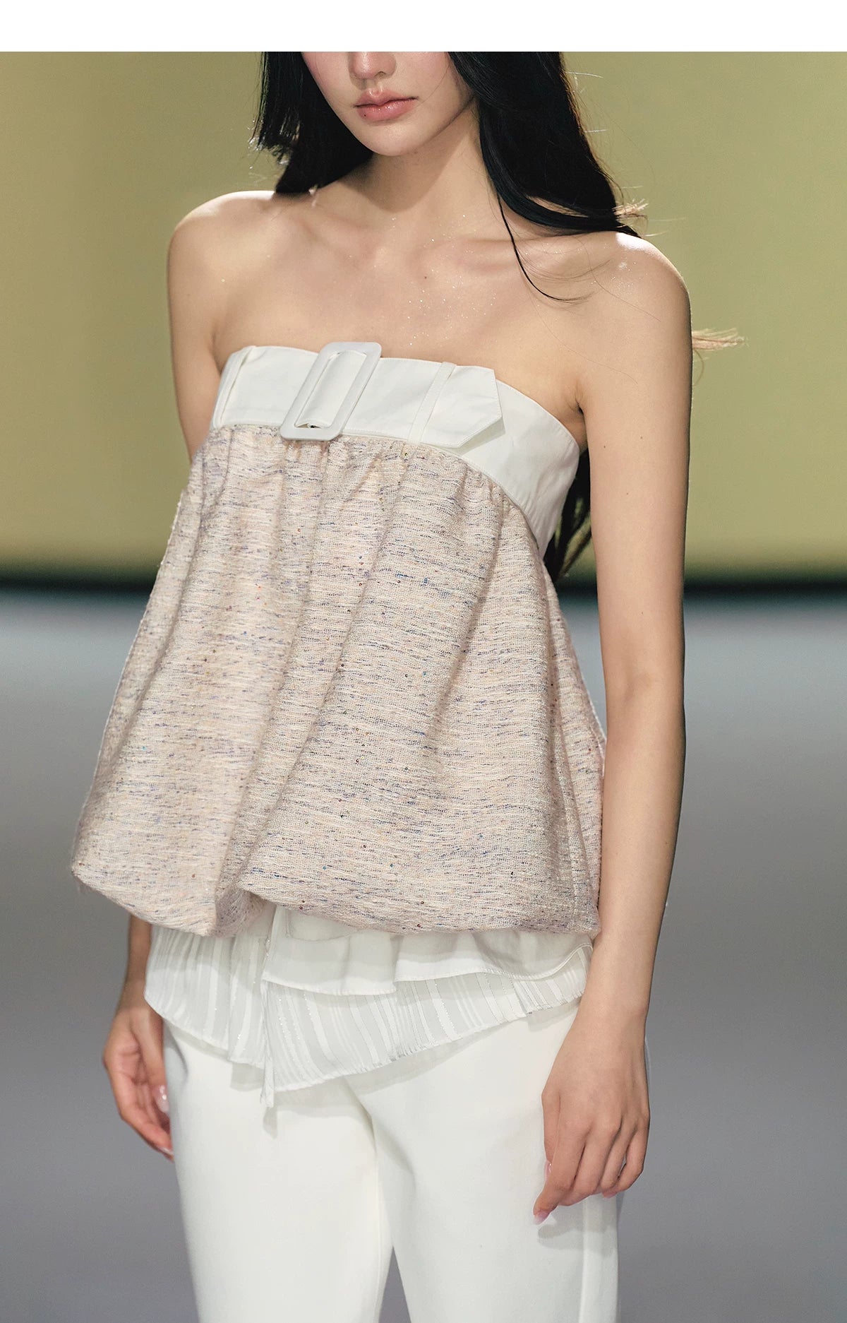 Textured Tweed Bubble-Hem Bandeau Top