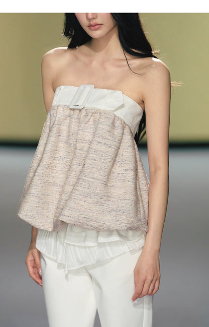Textured Tweed Bubble-Hem Bandeau Top