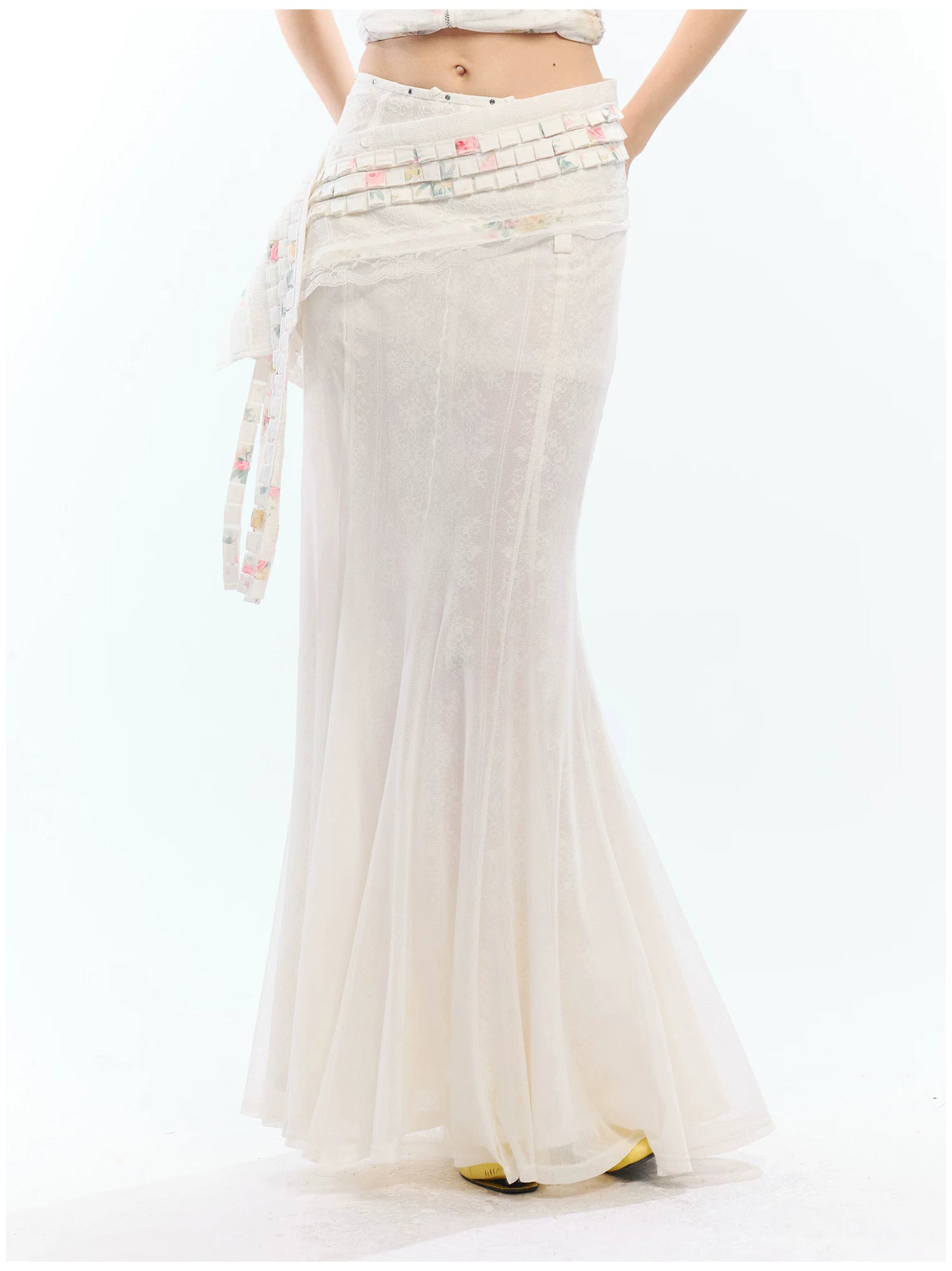 Vintage Floral Lace Asymmetric Waist Draped Overlay Skirt Belt