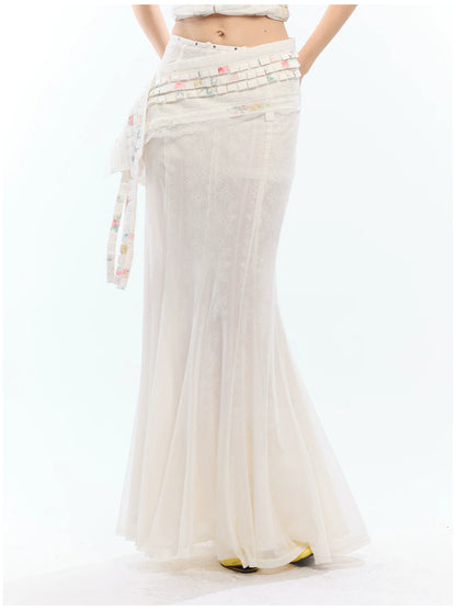 Vintage Floral Lace Asymmetric Waist Draped Overlay Skirt Belt
