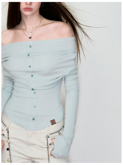 Off-Shoulder Long-Sleeve Knit T-Shirt