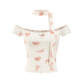 Red Polka Dot & Pink Butterfly Mesh One-shoulder T-shirt - CHINASQUAD