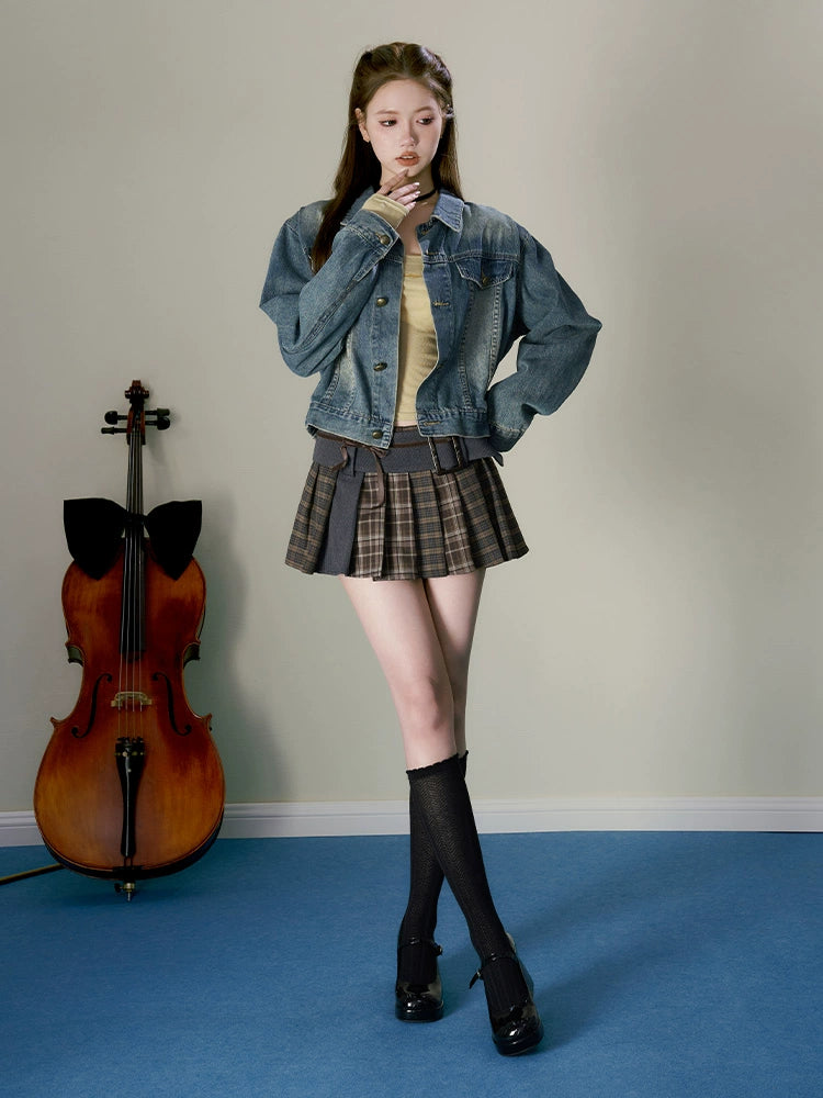 Grey &amp; Brown Plaid Pleated Mini Skirt - CHINASQUAD