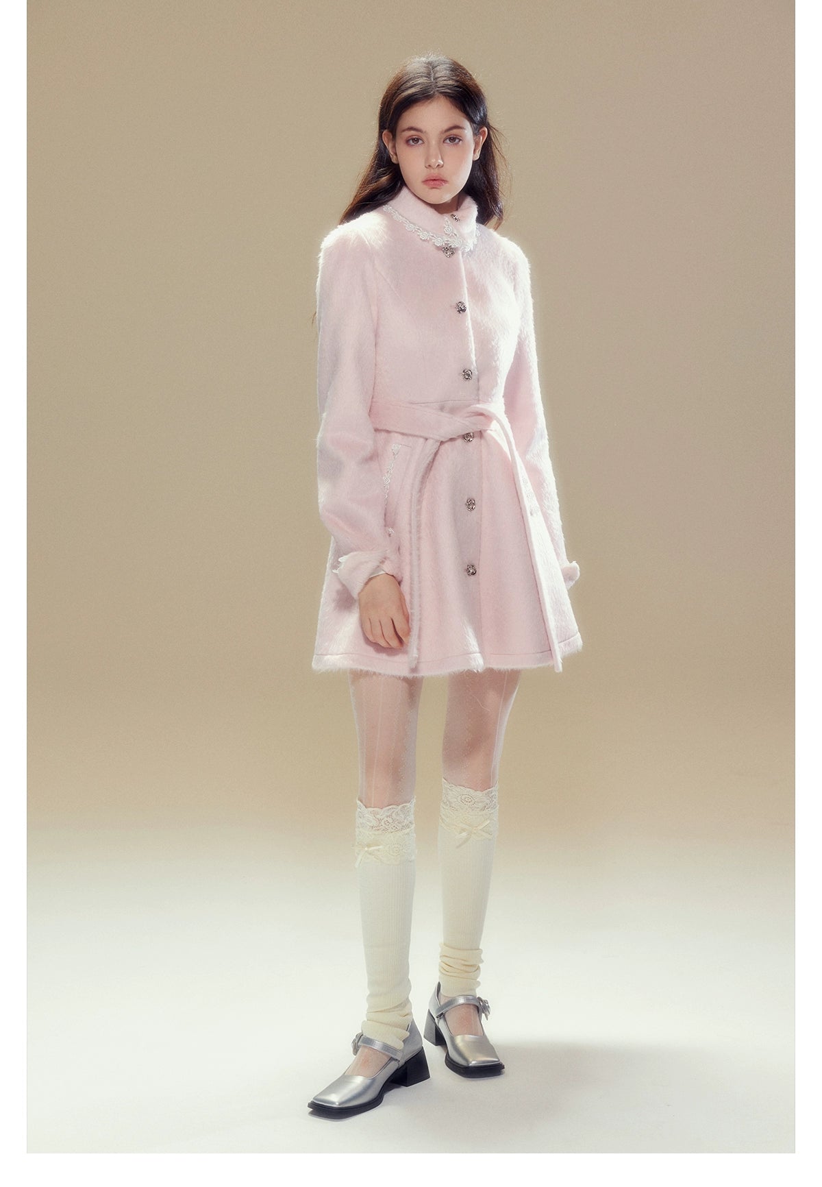 Pink Wool Lace Trim Waist Belted Coat - CHINASQUAD