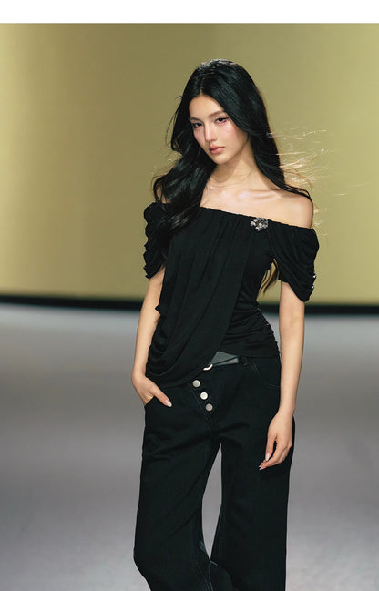 Off-Shoulder Draped Pleated Lyocell Top