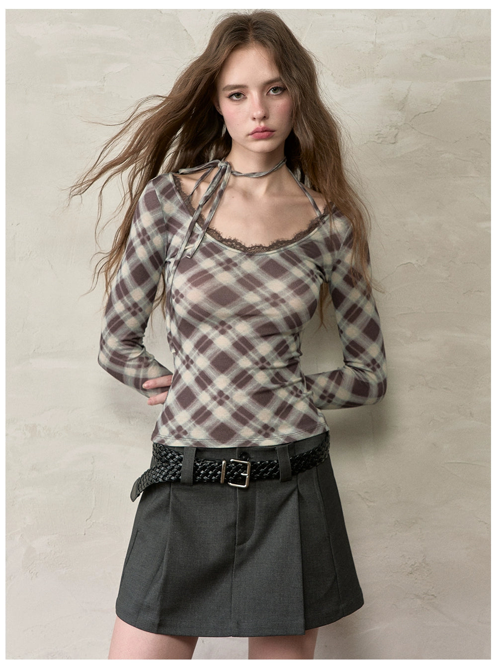 Halter Tie Plaid Long Sleeve T-Shirt