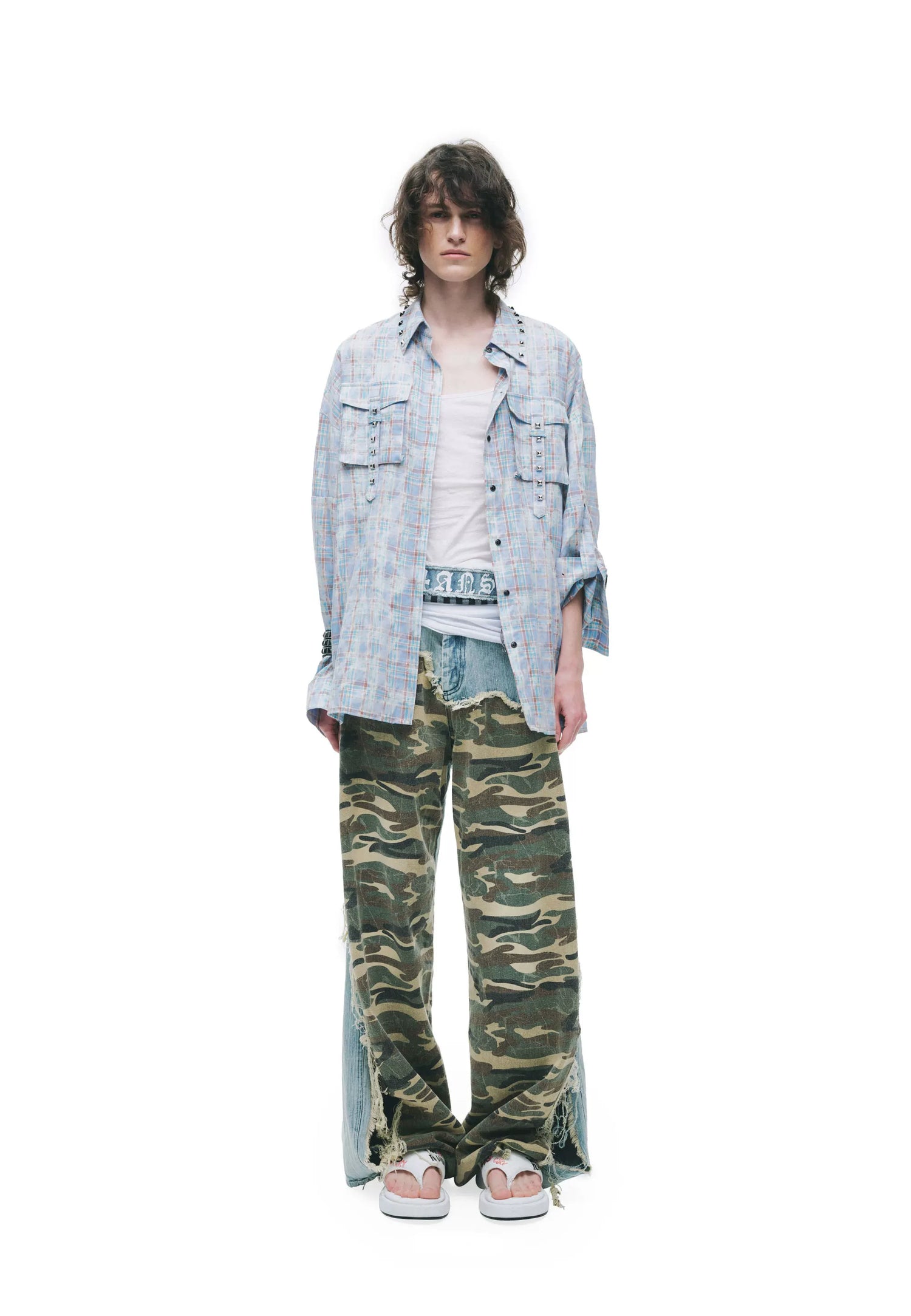 Vintage Washed Studded Plaid Oversized Shirt