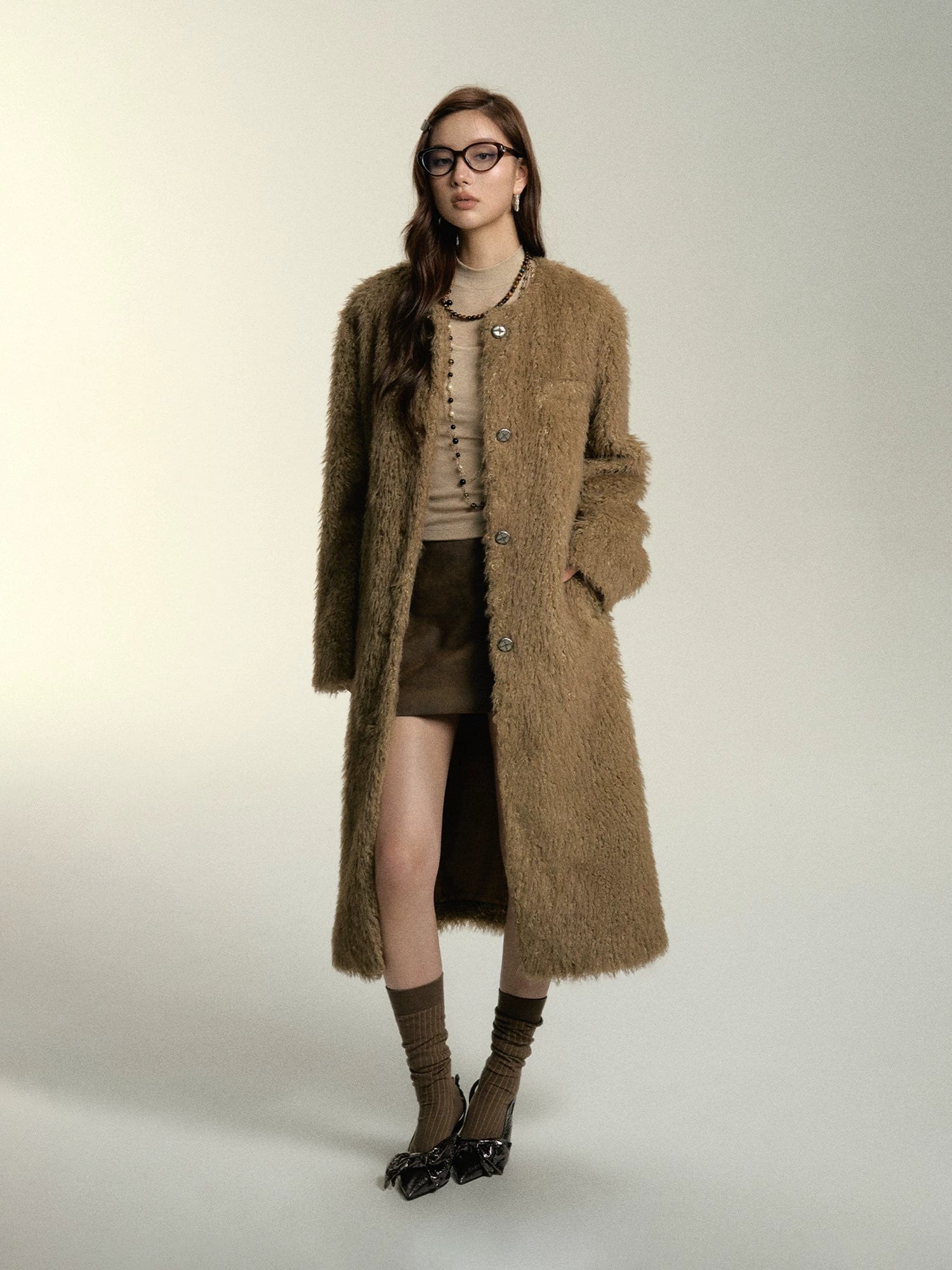 Khaki &amp; Milk White Long Suede Fur Coat - CHINASQUAD