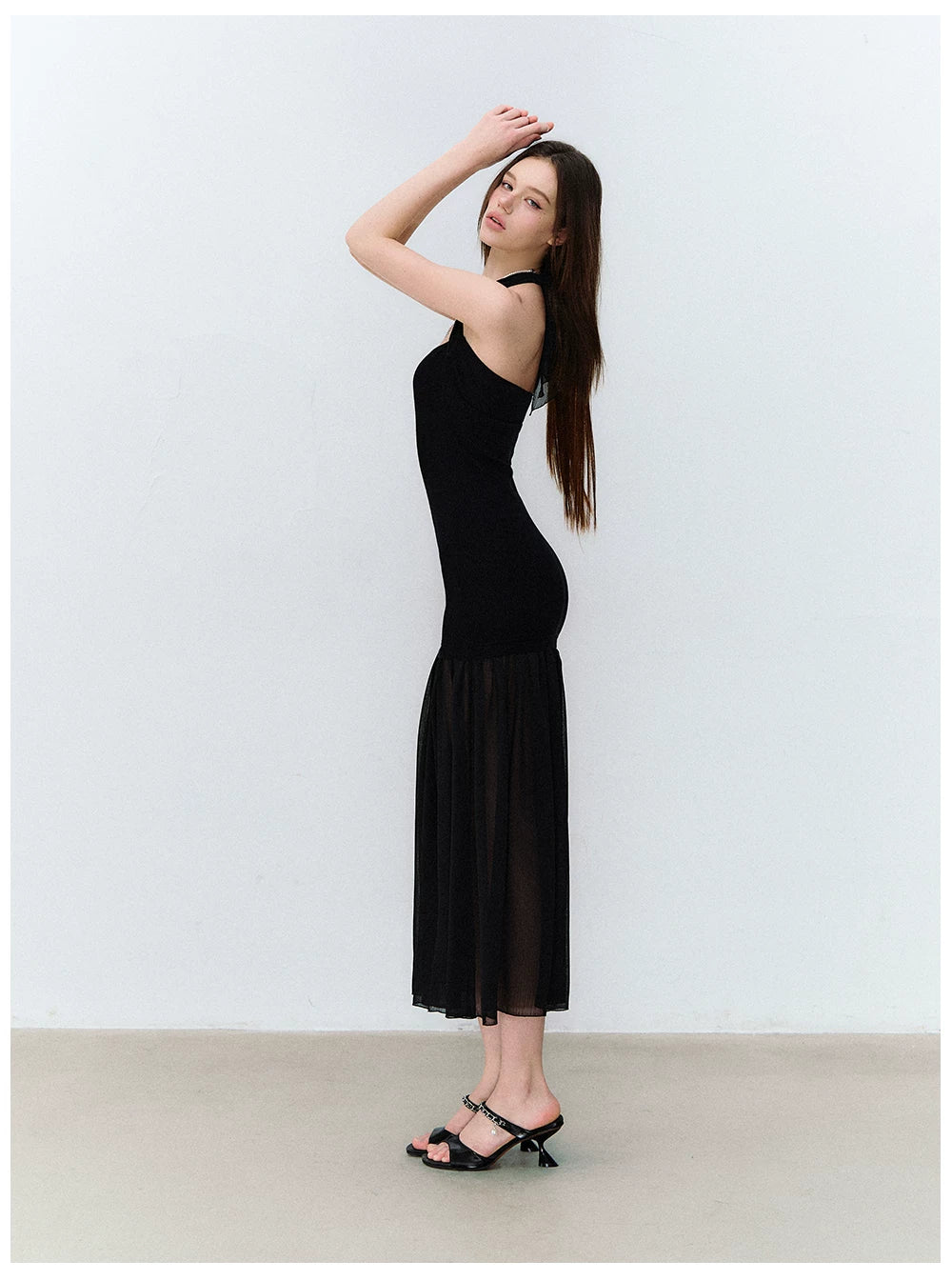 Dark Muse Spliced Mesh Halter Slim Long Dress