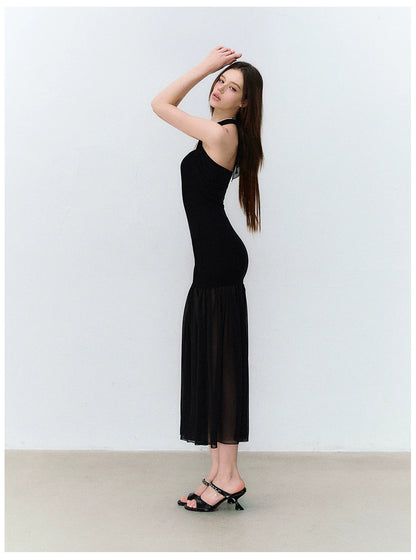Dark Muse Spliced Mesh Halter Slim Long Dress