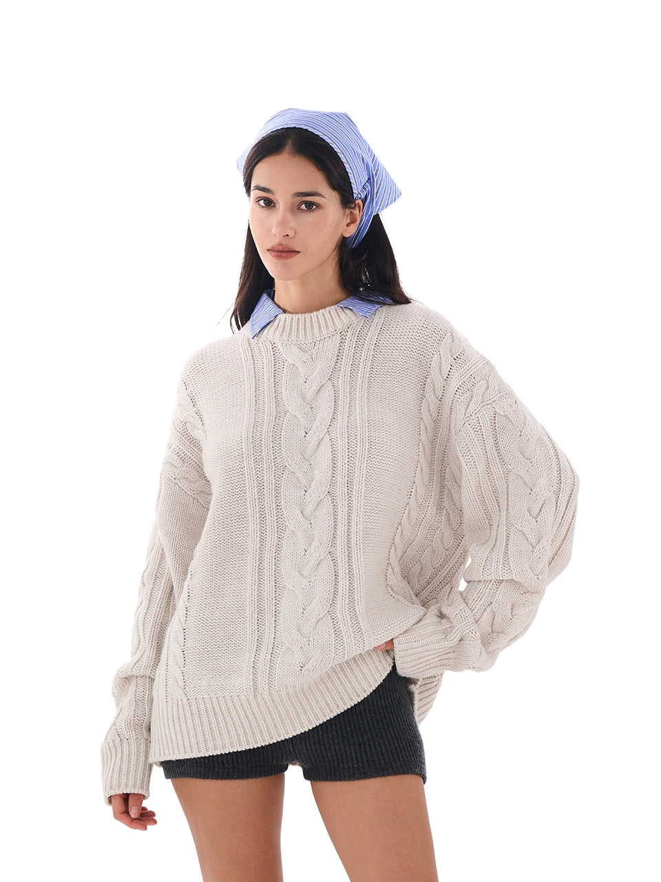 Detachable Collar Oversized Cable Sweater