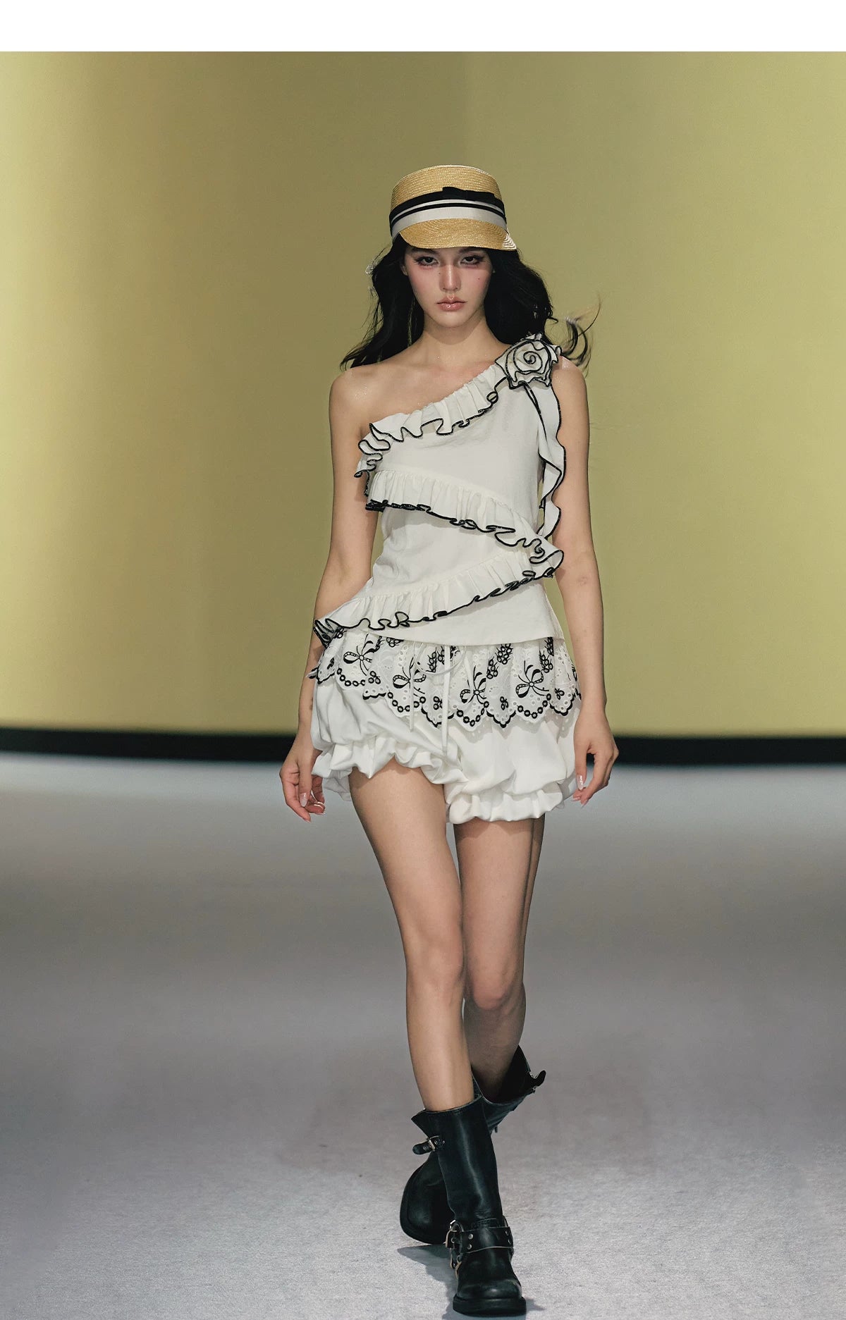 Asymmetric Rose-Trim Layered Top &amp; Puff Bloomers Set