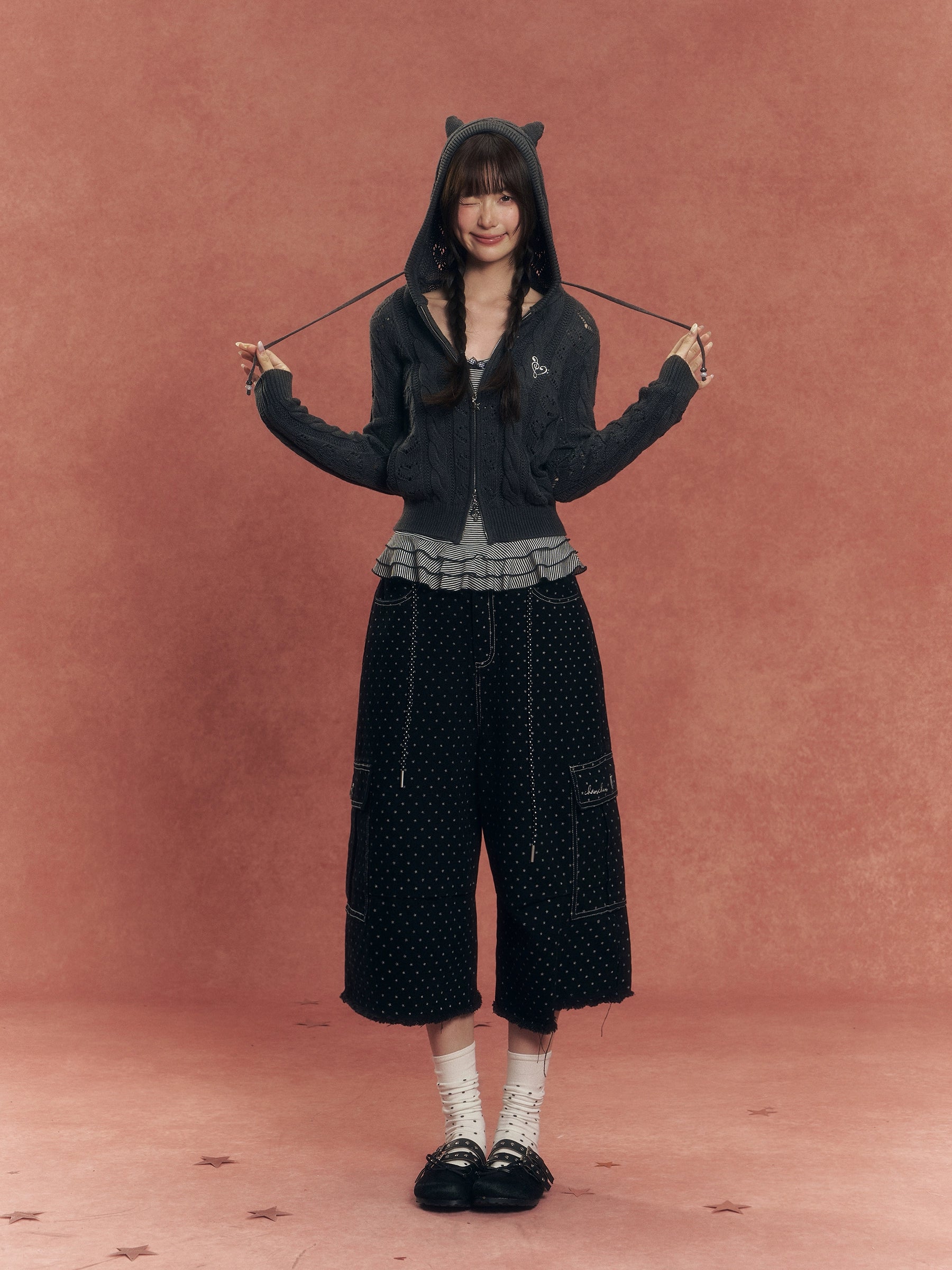 Heart Cutout Cable-Knit Hooded Cardigan