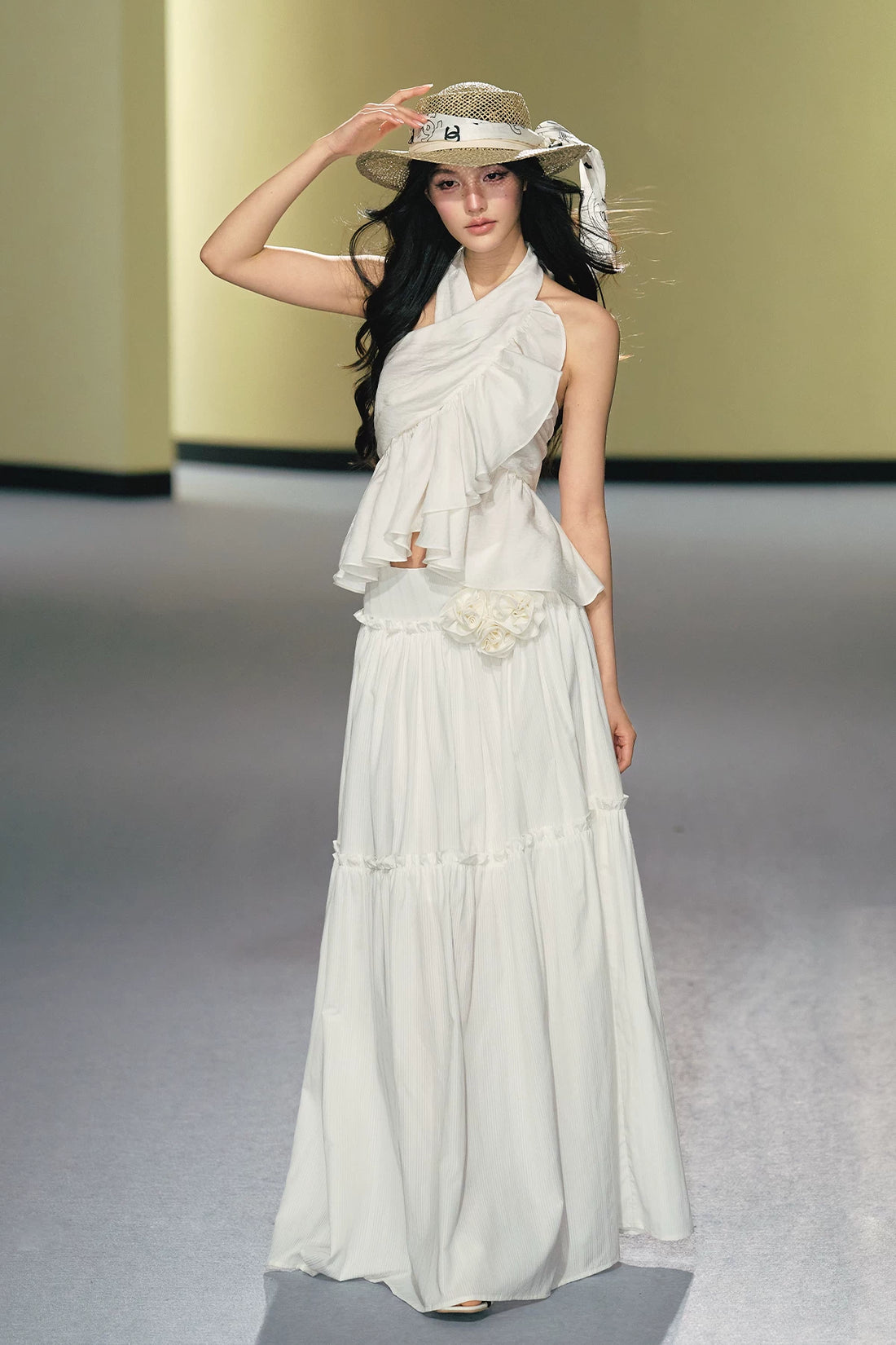 Lyocell Satin Ruffle Halter Top &amp; Floral Maxi Skirt Set