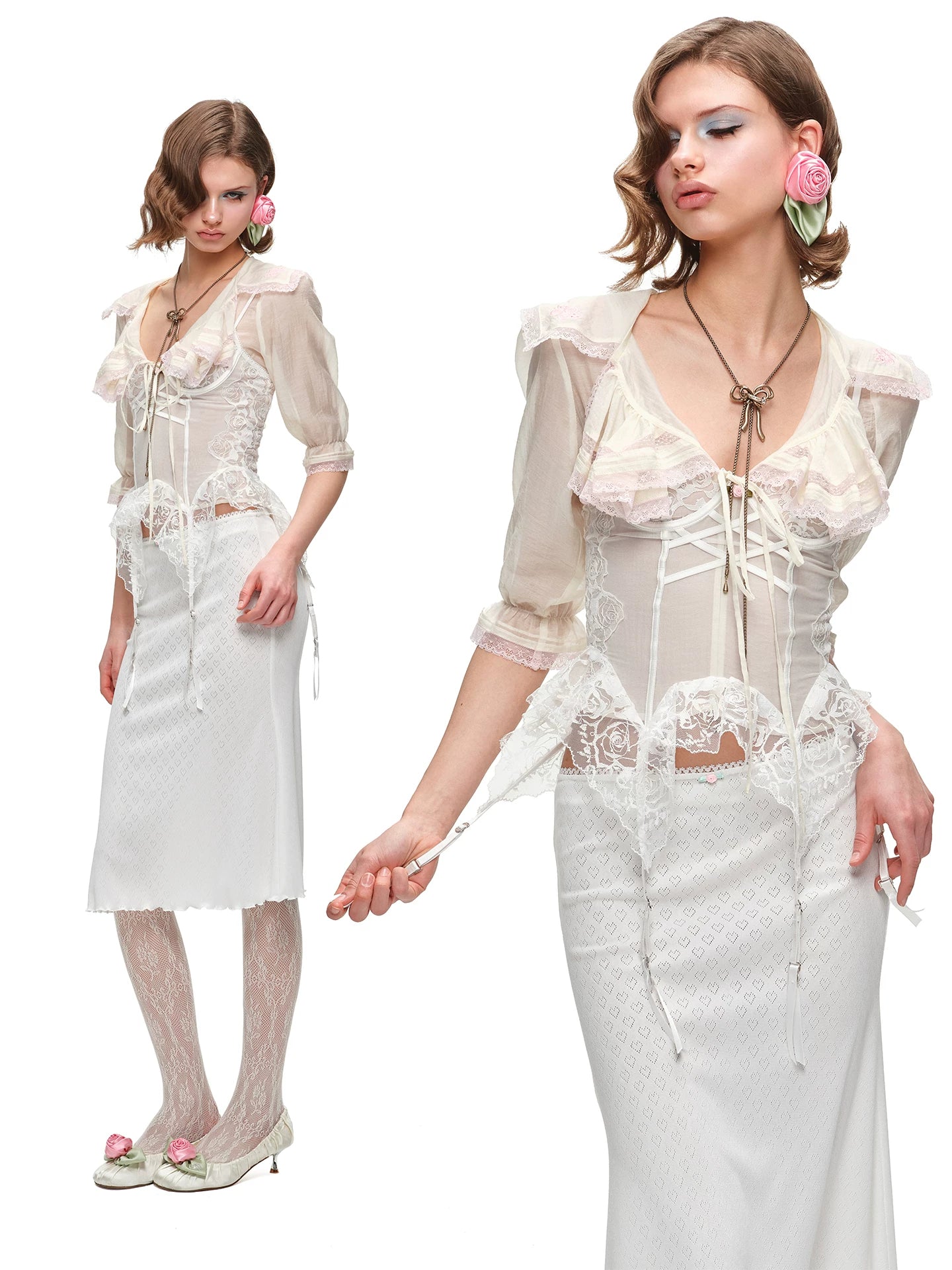 Contrast Ruffle Sailor Collar Chiffon Cropped Cardigan 1Jinn Studio