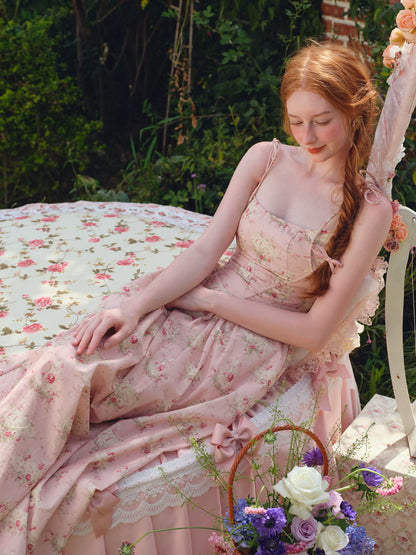 French Sweet Floral Corset Slip Pink Dress