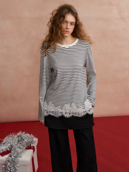 Lace-Panel Fuzzy Ribbed Long-Sleeve Tee