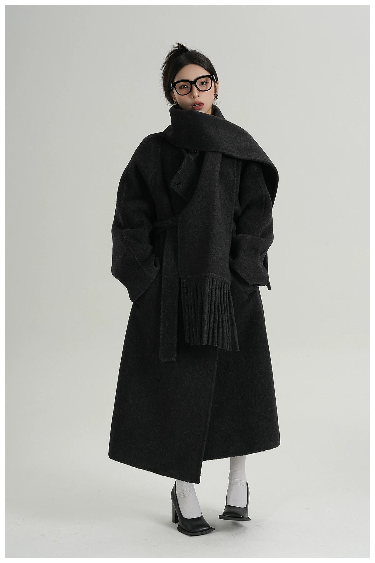 Fringe-Detail Wool Scarf-Style Long Coat