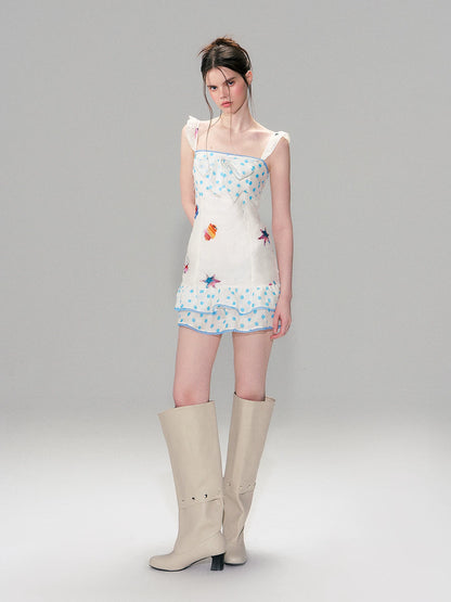 Vintage Contrast Print Flutter Strap Mini Dress