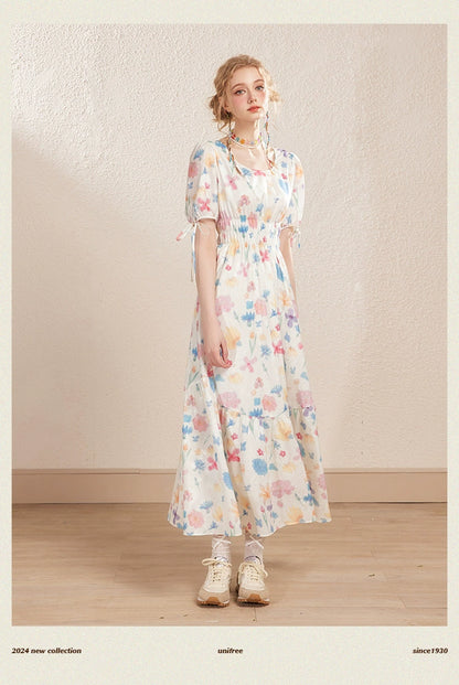 White Floral Puff Sleeve Round Neck Dress