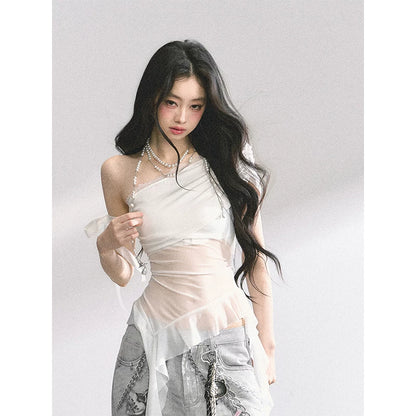 Off-Shoulder Mesh Short-Sleeve T-Shirt