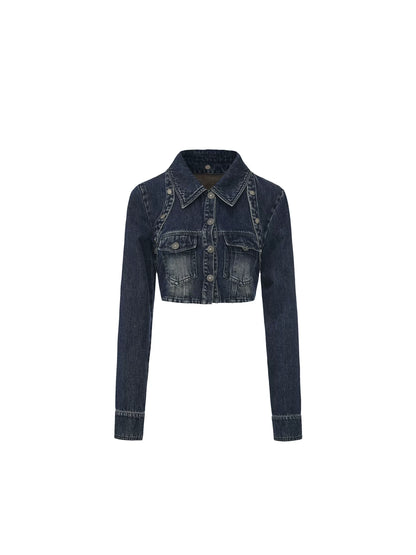 Y2K Washed Denim Cropped Set with Embroidered Patch Detail