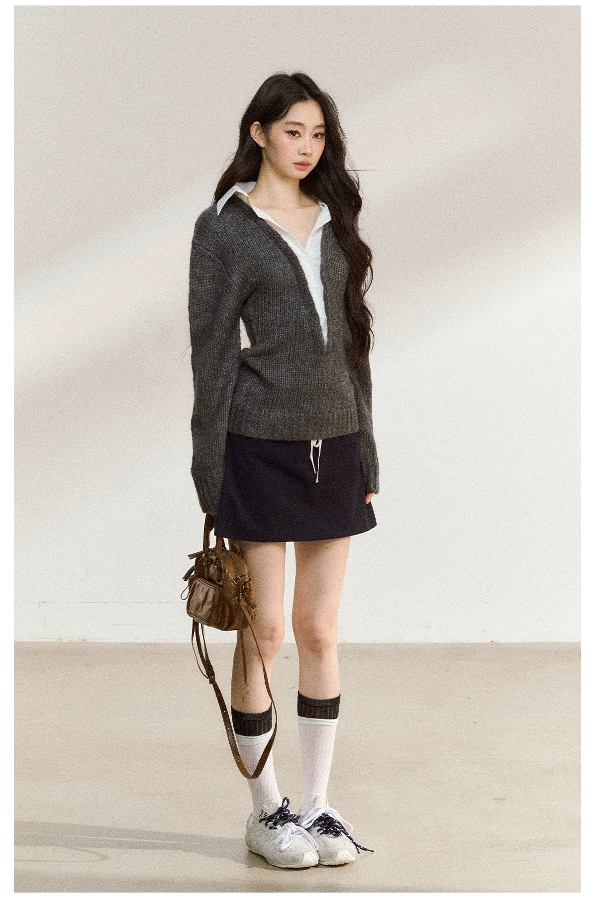 Gray Wool-Blend Layered Knit V-neck