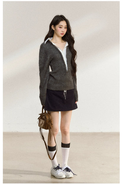 Gray Wool-Blend Layered Knit V-neck