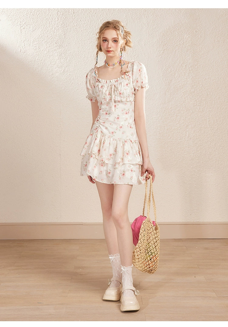 Cream Off-shoulder Puff Sleeve Floral Dress