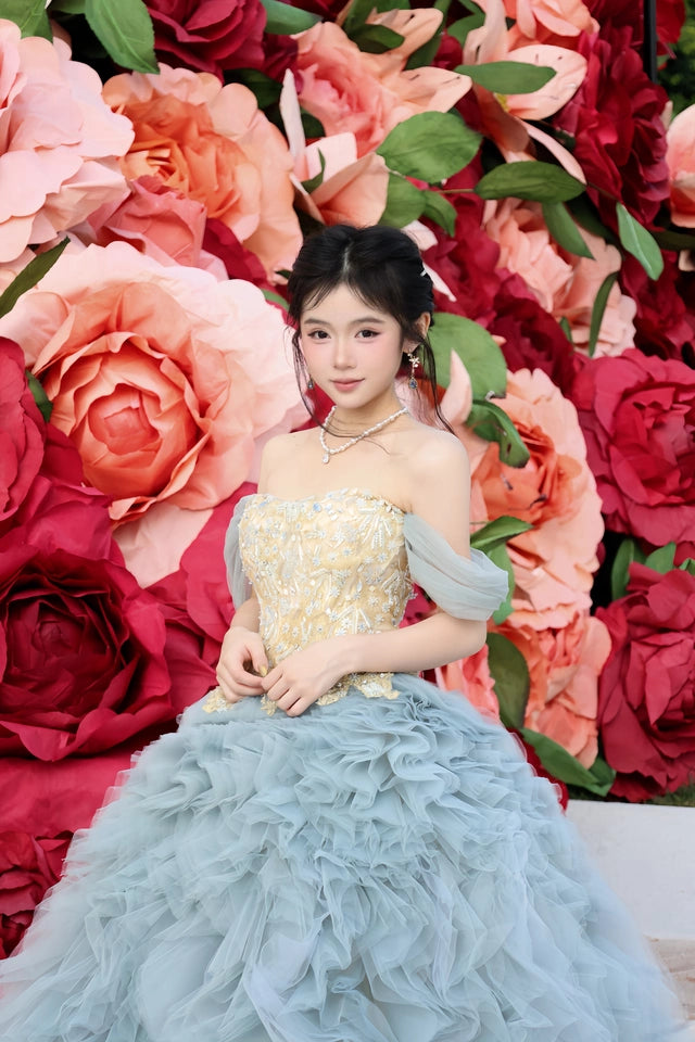 Blue Tears Ruffled Tulle Gown with Embellished Bodice