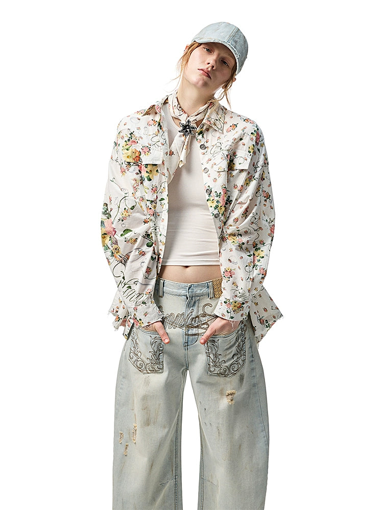 Retro Floral Print Satin Square Scarf