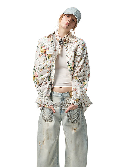 Retro Floral Print Satin Square Scarf