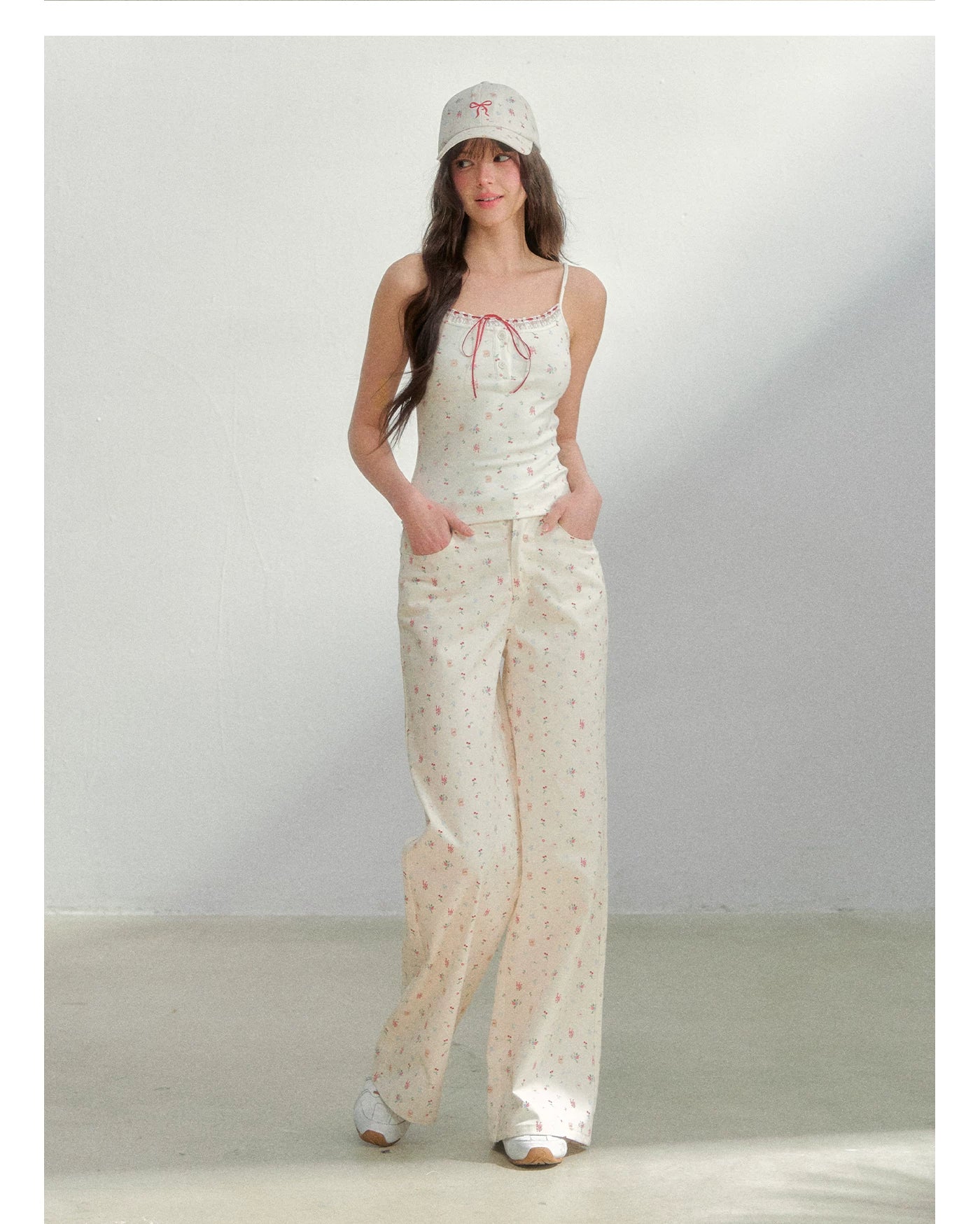Original Floral Pleated Tail Long Pants