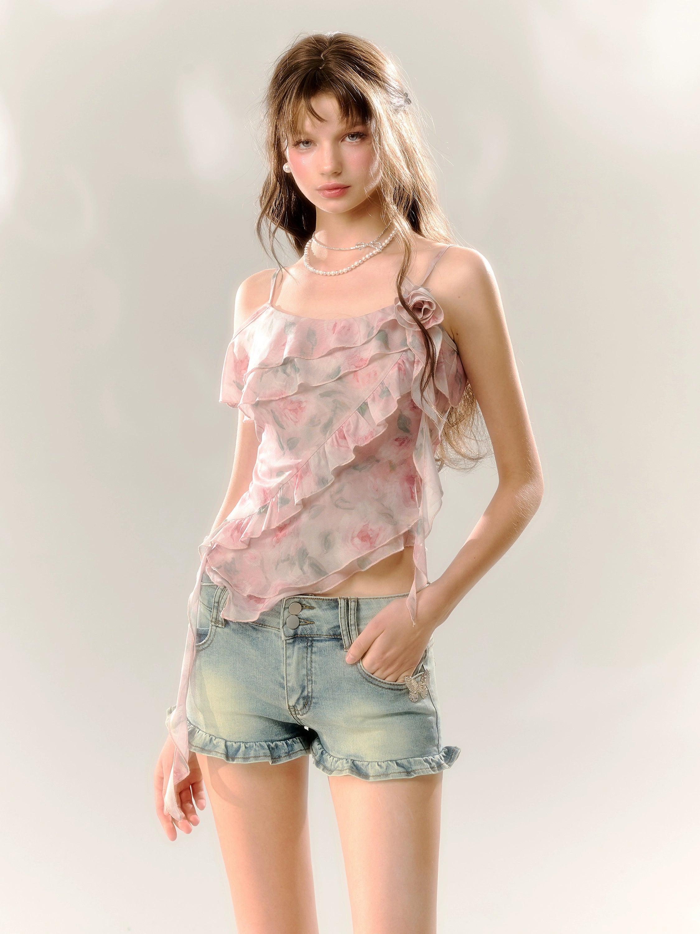 Pink Rose Print T-shirt with Ruffle Trim