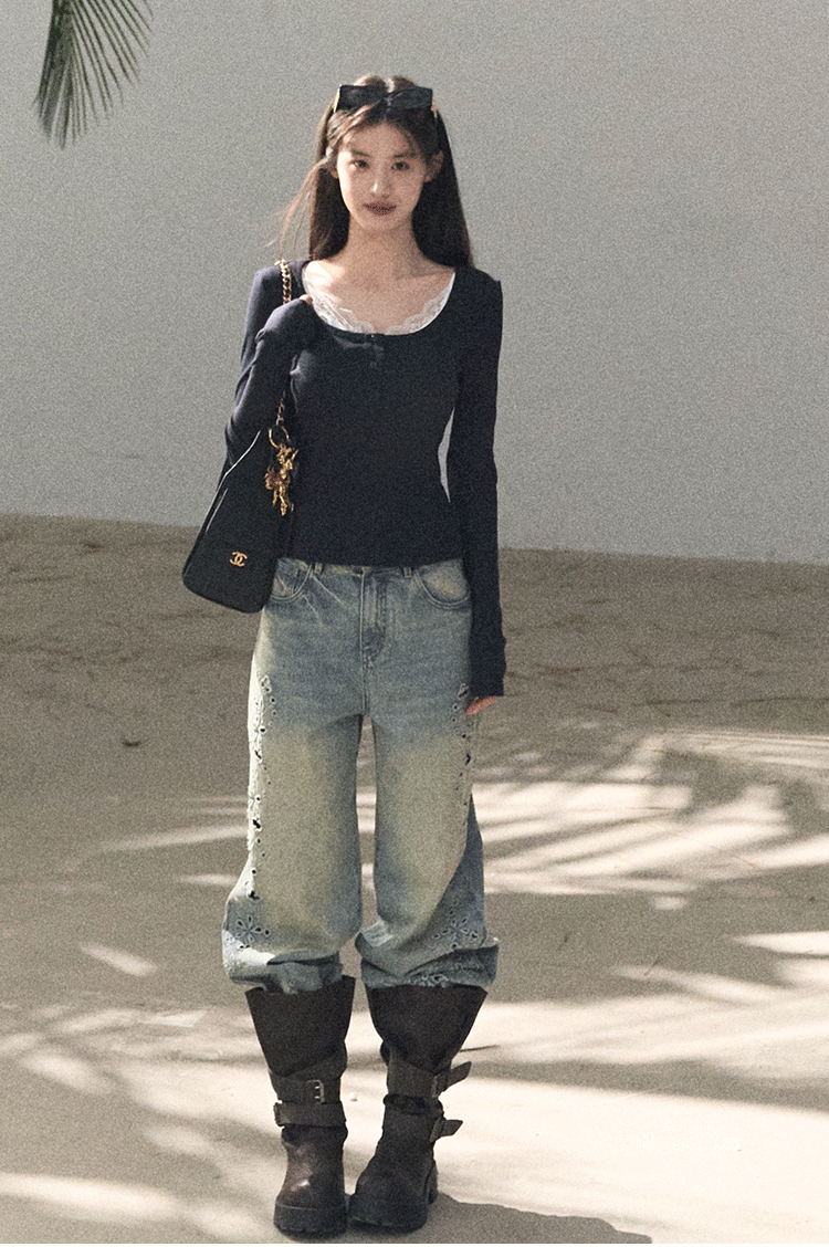 Washed Straight-Leg Wide Denim Pants