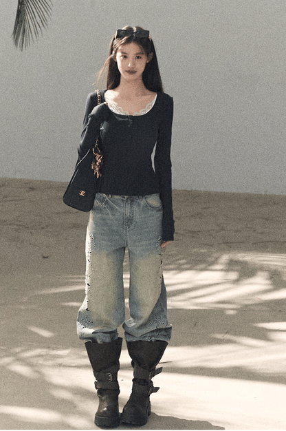 Washed Straight-Leg Wide Denim Pants