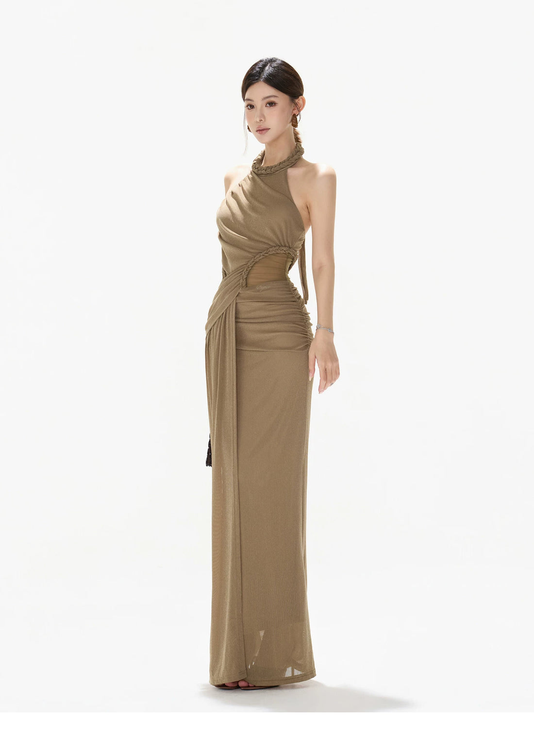 Elegant Ruched Mesh Halter Evening Dress