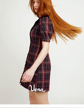 Collar Plaid Bubble Sleeve Dress - CHINASQUAD