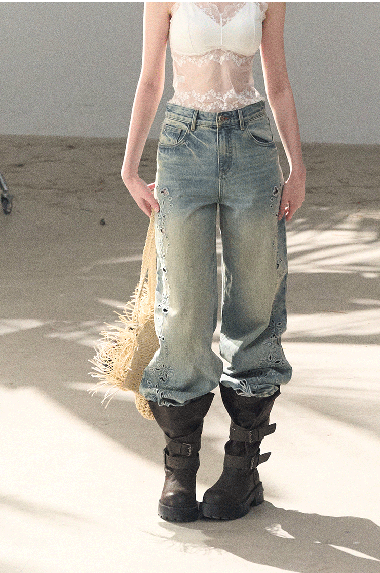 Washed Straight-Leg Wide Denim Pants