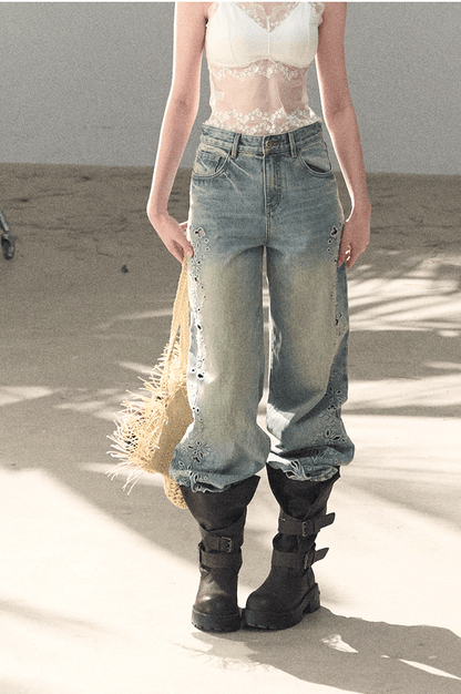 Washed Straight-Leg Wide Denim Pants
