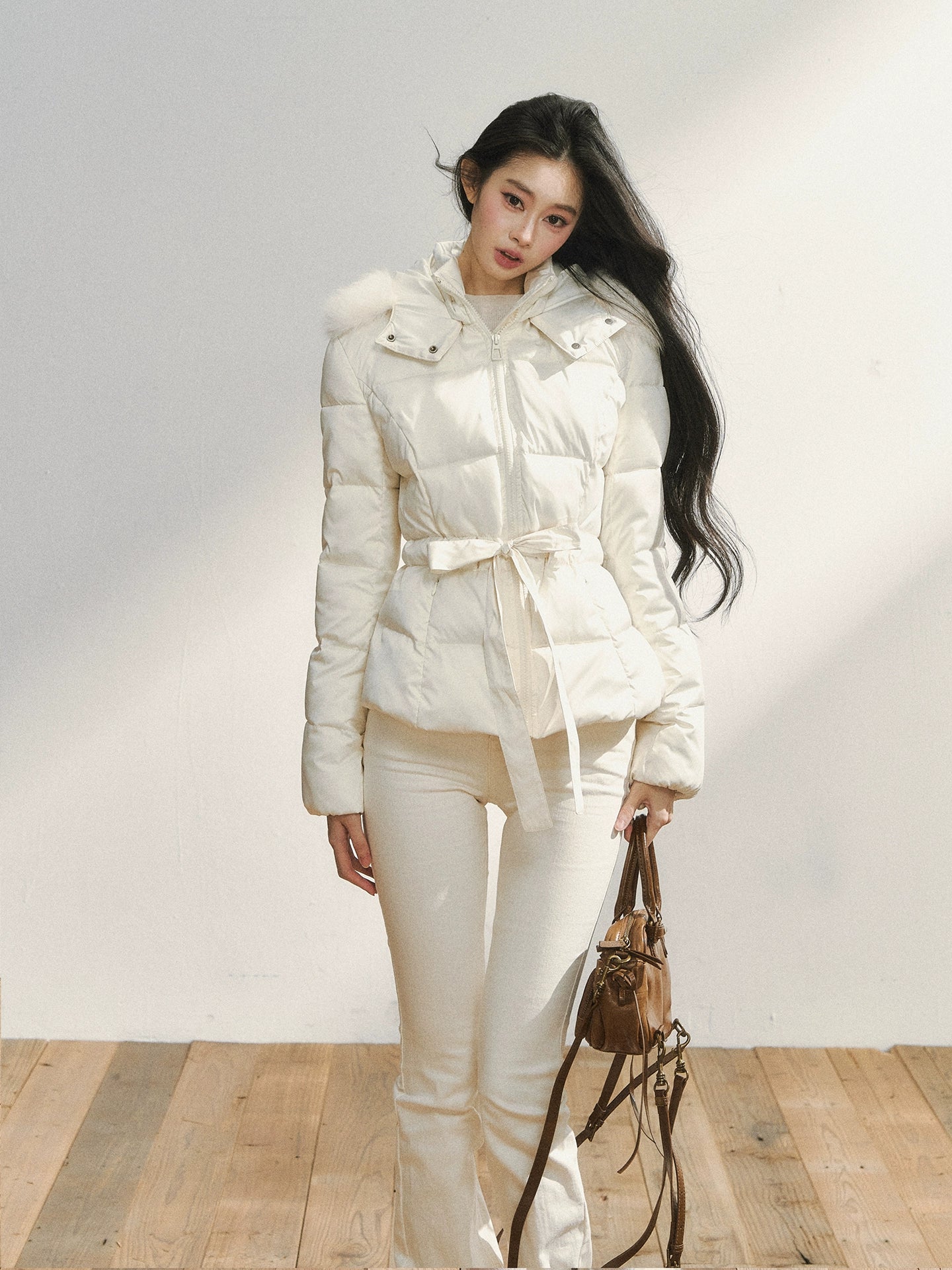 Two-Tone Belted Detachable Fur Hood Down Jacket