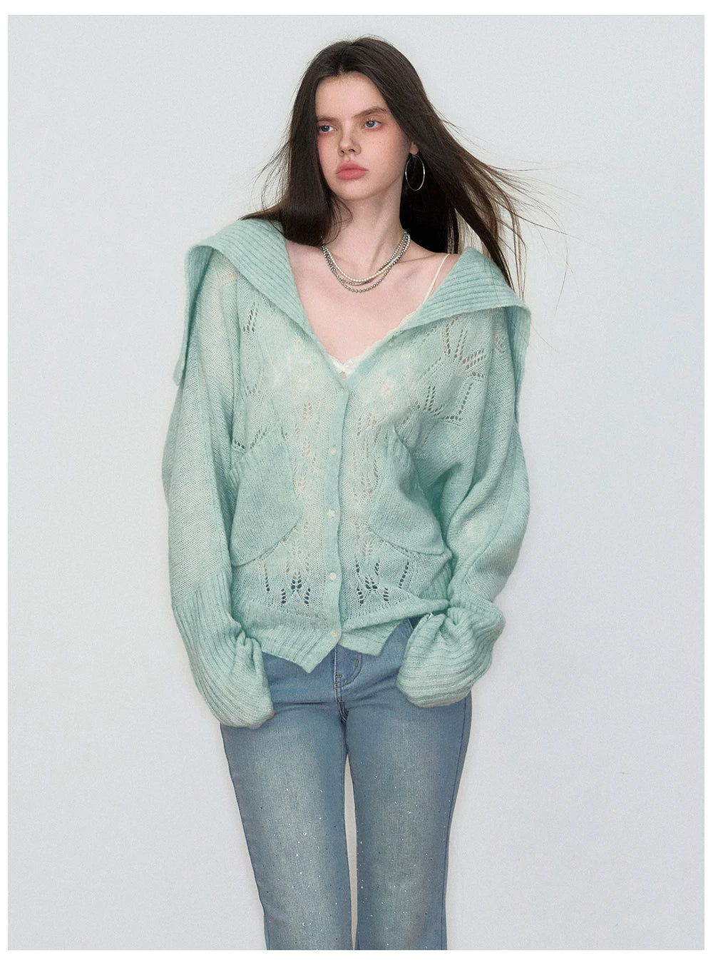 Cut-Out Collared Relaxed Wool Knit Cardigan