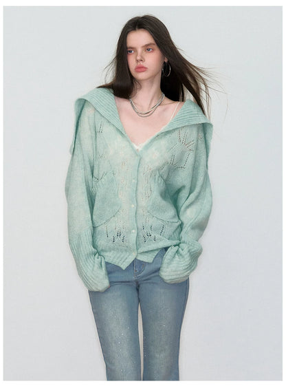 Cut-Out Collared Relaxed Wool Knit Cardigan