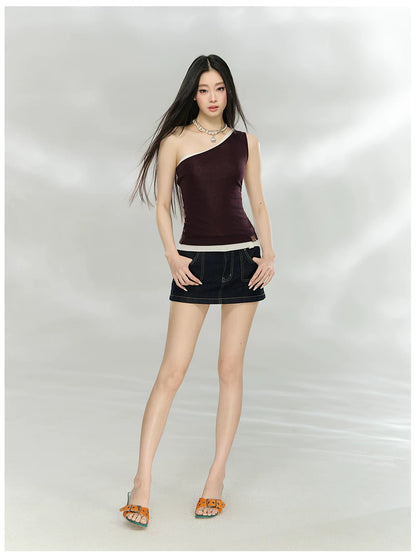 Asymmetric One-Shoulder Lyocell Blend Knit Tank Top