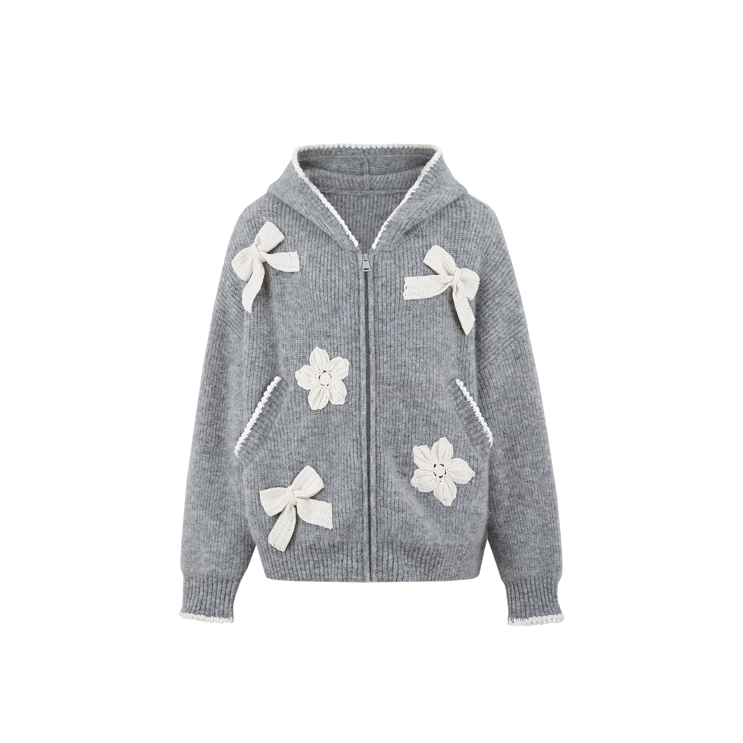 Crochet-Trim Knit Hoodie