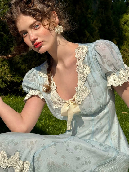 Fresh Baby Blue Lace Short-Sleeve Dress